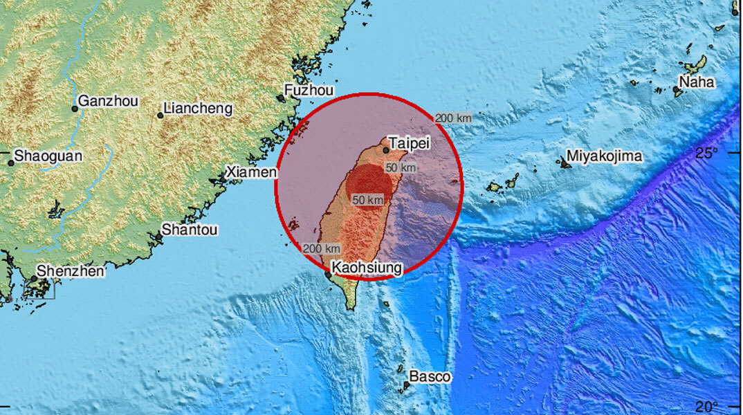 Χάρτης με το επίκεντρο του νέου ισχυρού σεισμού στην Ταϊβάν