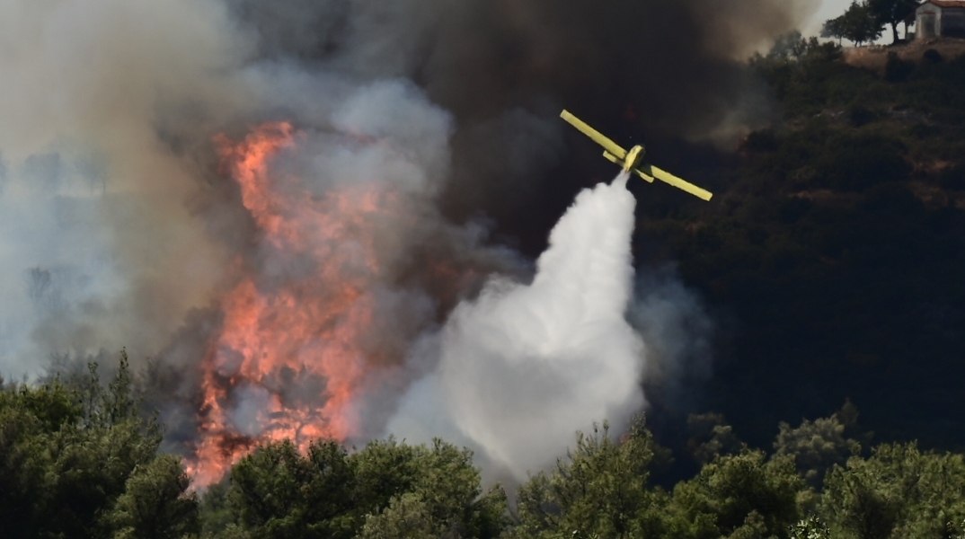 αεροπλανο της πυροσβεστικης ριχνει νερο σε δασος που φλέγεται