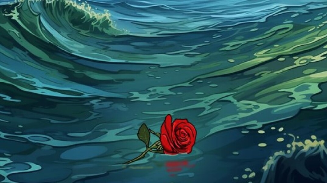 Το σκίτσο του Αρκά με ένα κόκκινο τριαντάφυλλο στα κύματα για το ναυάγιο στην Πύλο