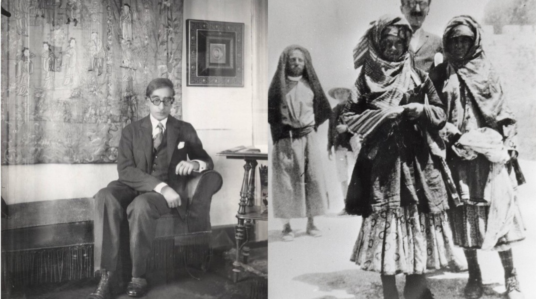 Αριστέρα φωτογραφία του Κωνσταντίνου Καβάφη καθισμένου και δεξιά ο Νίκος Καζαντζάκης με ντόπιες γυναίκες σε ταξίδι του στην Αίγυπτο