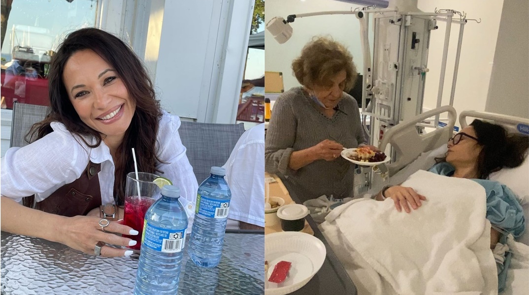 Η Μάρω Λύτρα στη φωτογραφία αριστερά χαμογελά και δεξιά δέχεται φροντίδα ενώ βρίσκεται στο νοσοκομείο