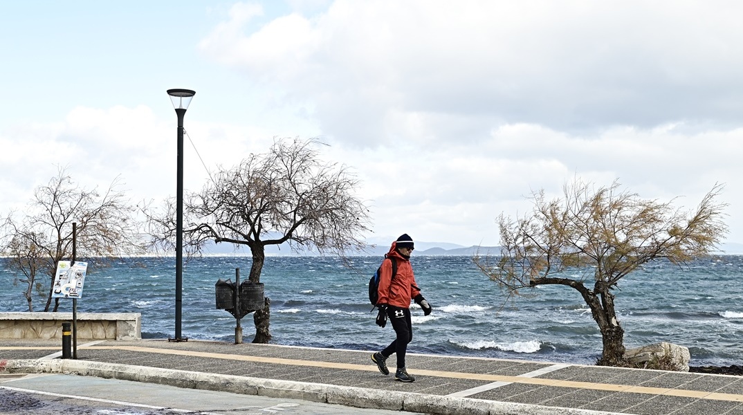 Άτομο περπατά δίπλα στη θάλασσα εν μέσω κρύου με μπουφάν και σκουφί