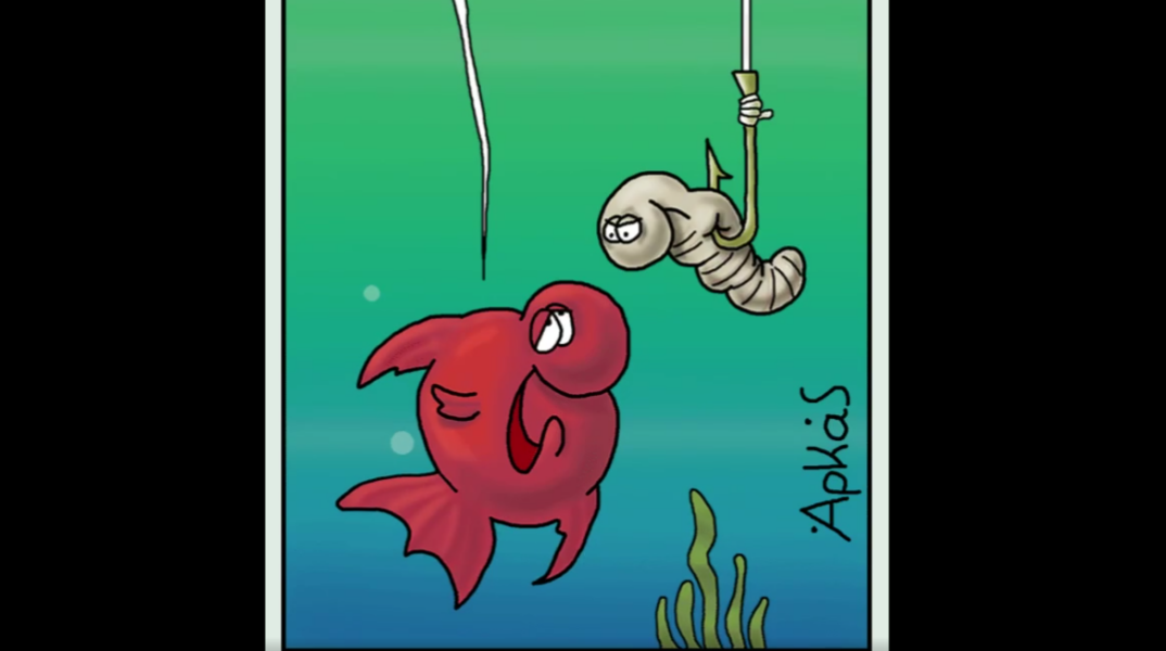 Σκίτσο του Αρκά με ένα κόκκινο ψαράκι και δόλωμα στο αγκίστρι