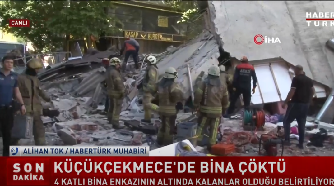 Εικόνα από τα τουρκικά ΜΜΕ από τις προσπάθειες διασωστών για την ανάσυρση των εγκλωβισμένων από τα συντρίμμια του κτιρίου που κατέρρευσε στην Κωνσταντινούπολη
