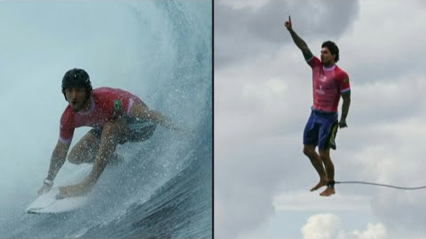 Medina e 'Chumbinho' avançam e vão se enfrentar por vaga na semifinal do surfe de Paris-2024 | AFP