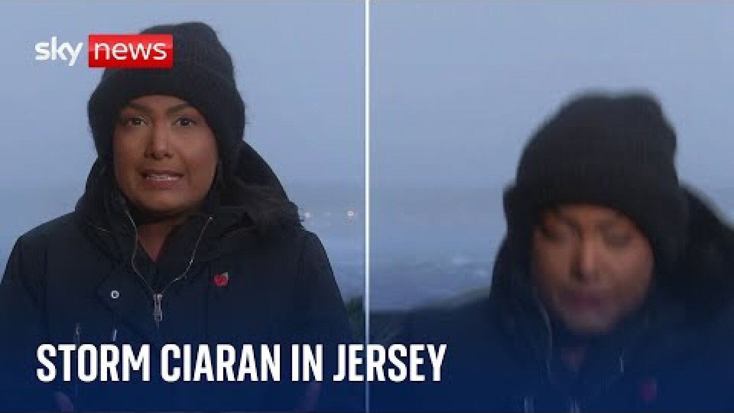 Storm Ciaran: Sky correspondent blown over by strong winds