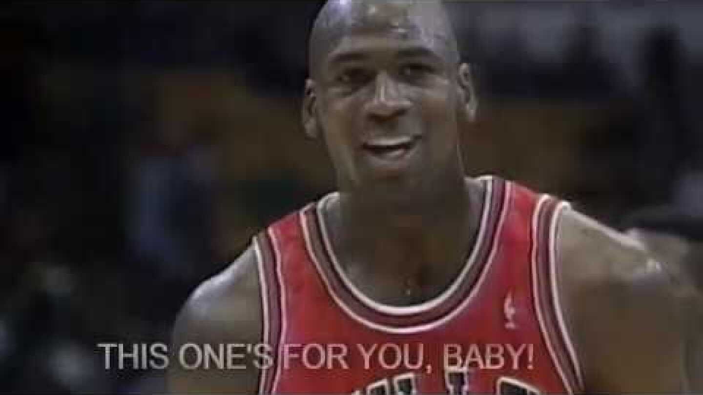 Michael Jordan: "Hey Mutombo, this one's for you, baby!" and sinks free throw with his eyes closed