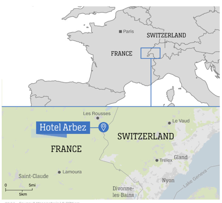 Από την Athens Voce: Hotel Arbez: Όταν το σύνορο δύο χωρών βρίσκεται μέσα σε μια κουζίνα ξενοδοχείου Laberzie-hotel-map