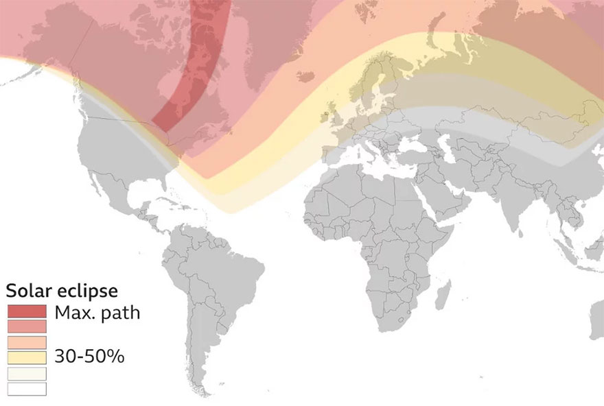 Διάγραμμα του BBC για τη μερική ηλιακή έκλειψη και τις περιοχές που ήταν ορατή